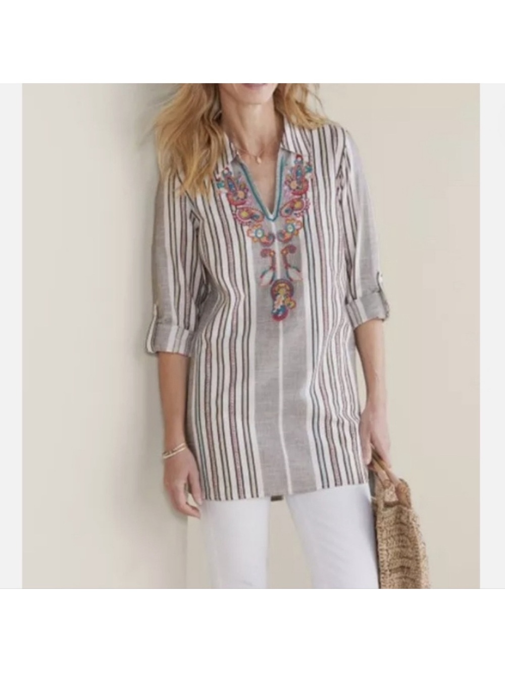 Soft Surroundings Embroidered Stripe Cotton Tunic Top Size Large Boho Lagenlook - Picture 7 of 16